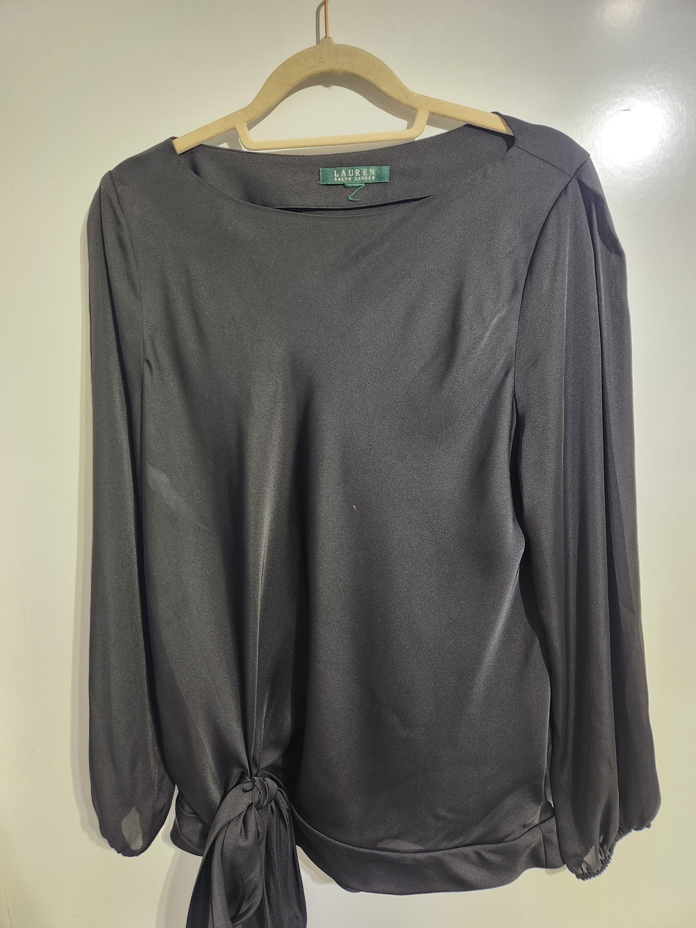 Lauren Ralph Lauren Black Tie-Hem Long Sleeve Blouse, Size Large